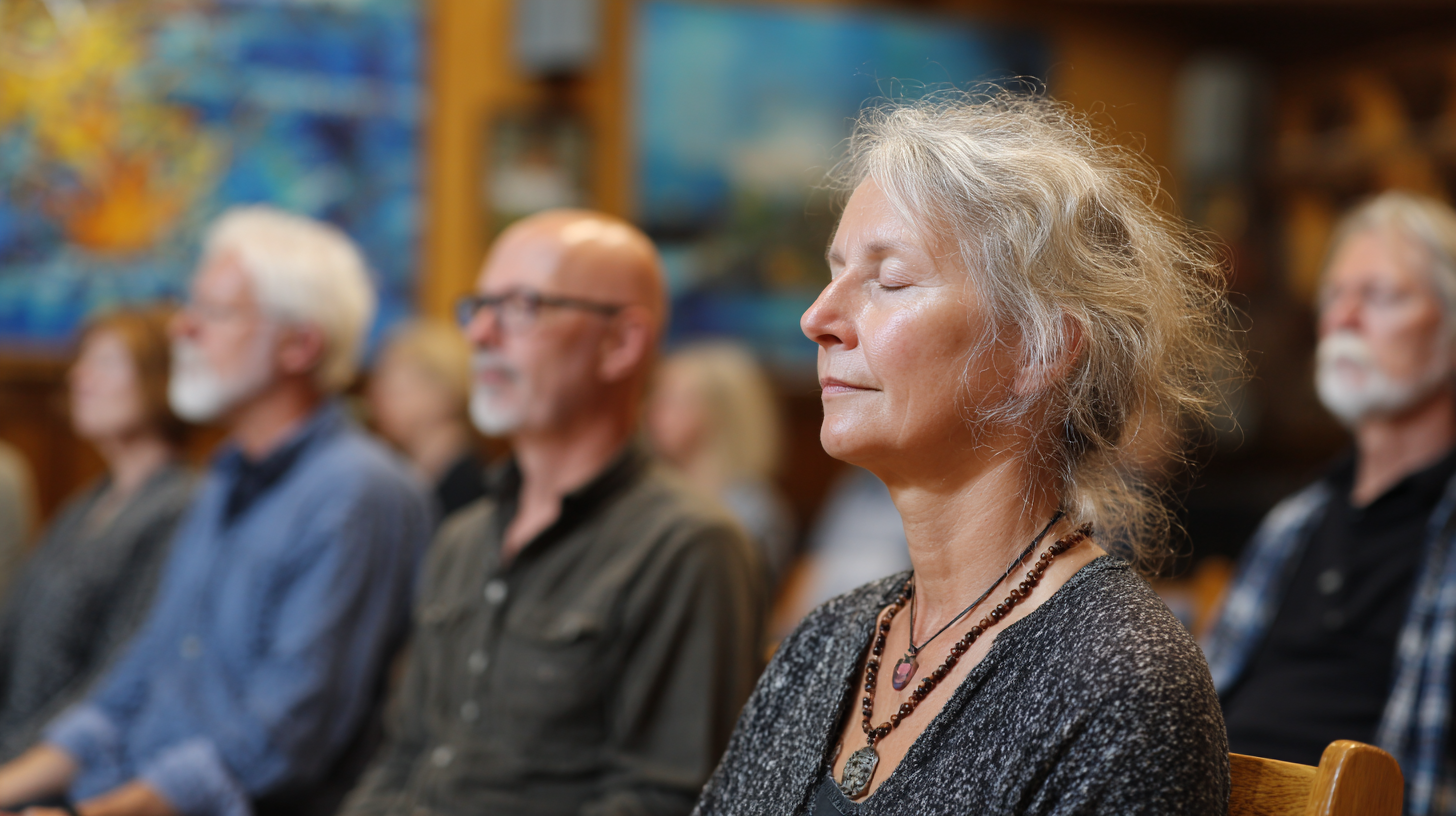 Інструктор йоги проводить заняття для групи літніх людей в світлій студії